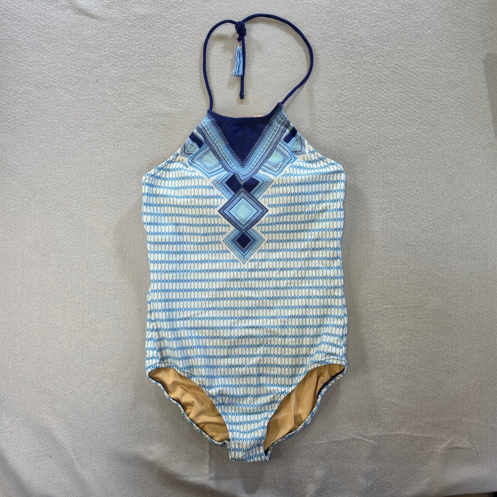 Cabana Life Coastal Boho Halter One Piece Swimsuit Large Blue Geometric Tassel